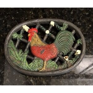 Vintage Trivet Cast Iron Rooster Rustic Farmhouse Painted Holder Wall Art